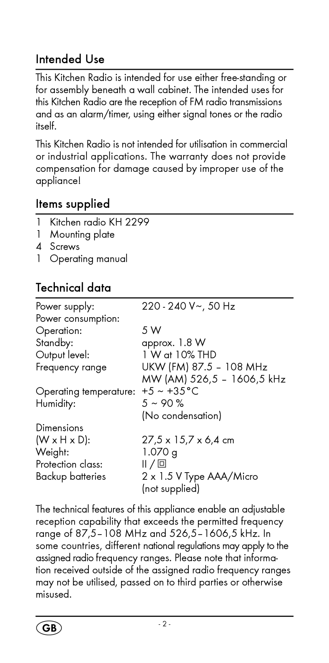 Silvercrest KH 2299 Intended Use, Items supplied, Technical data, Kitchen radio KH Mounting plate Screws Operating manual 