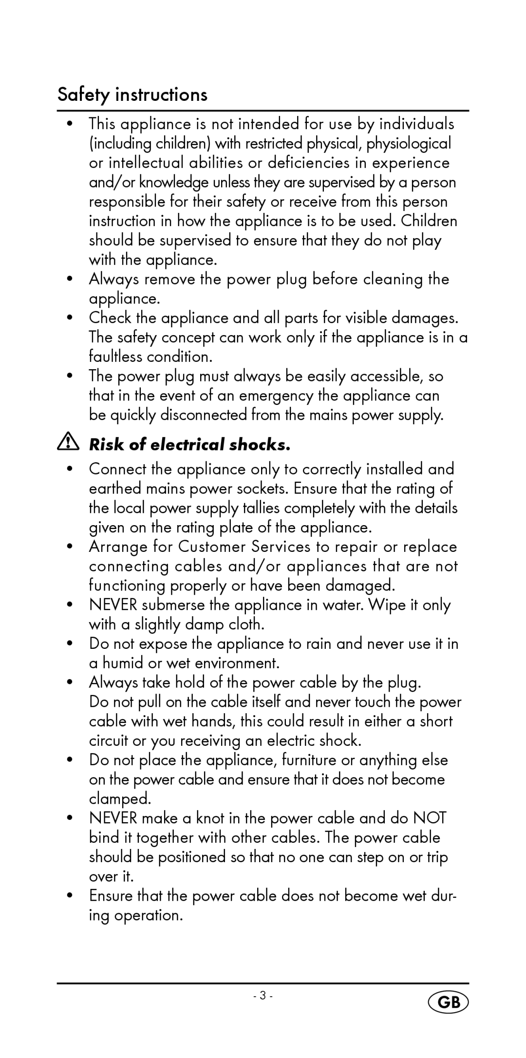 Silvercrest KH 2299 manual Safety instructions, Risk of electrical shocks 