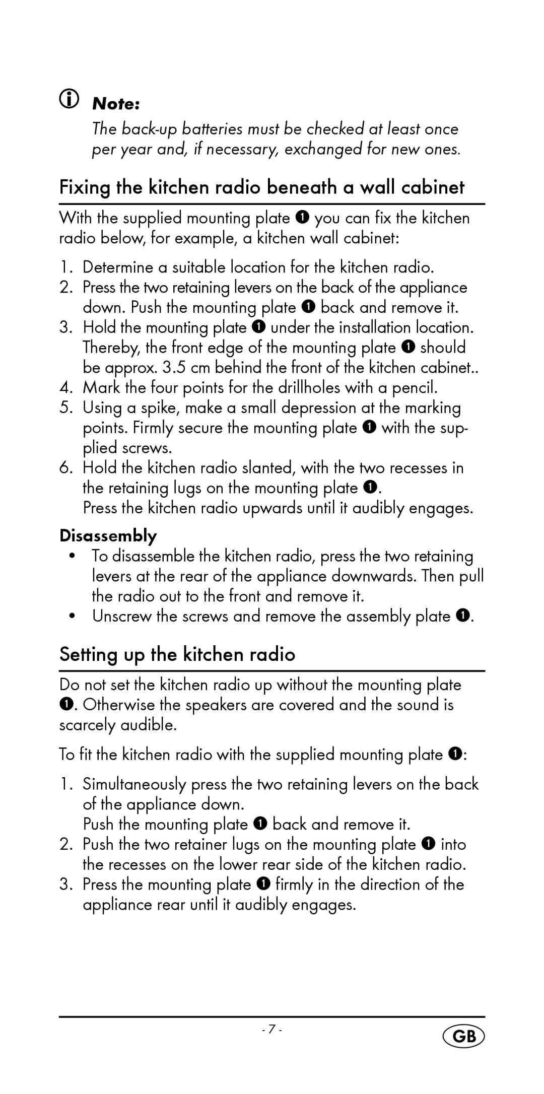 Silvercrest KH 2299 manual Fixing the kitchen radio beneath a wall cabinet, Setting up the kitchen radio, Disassembly 