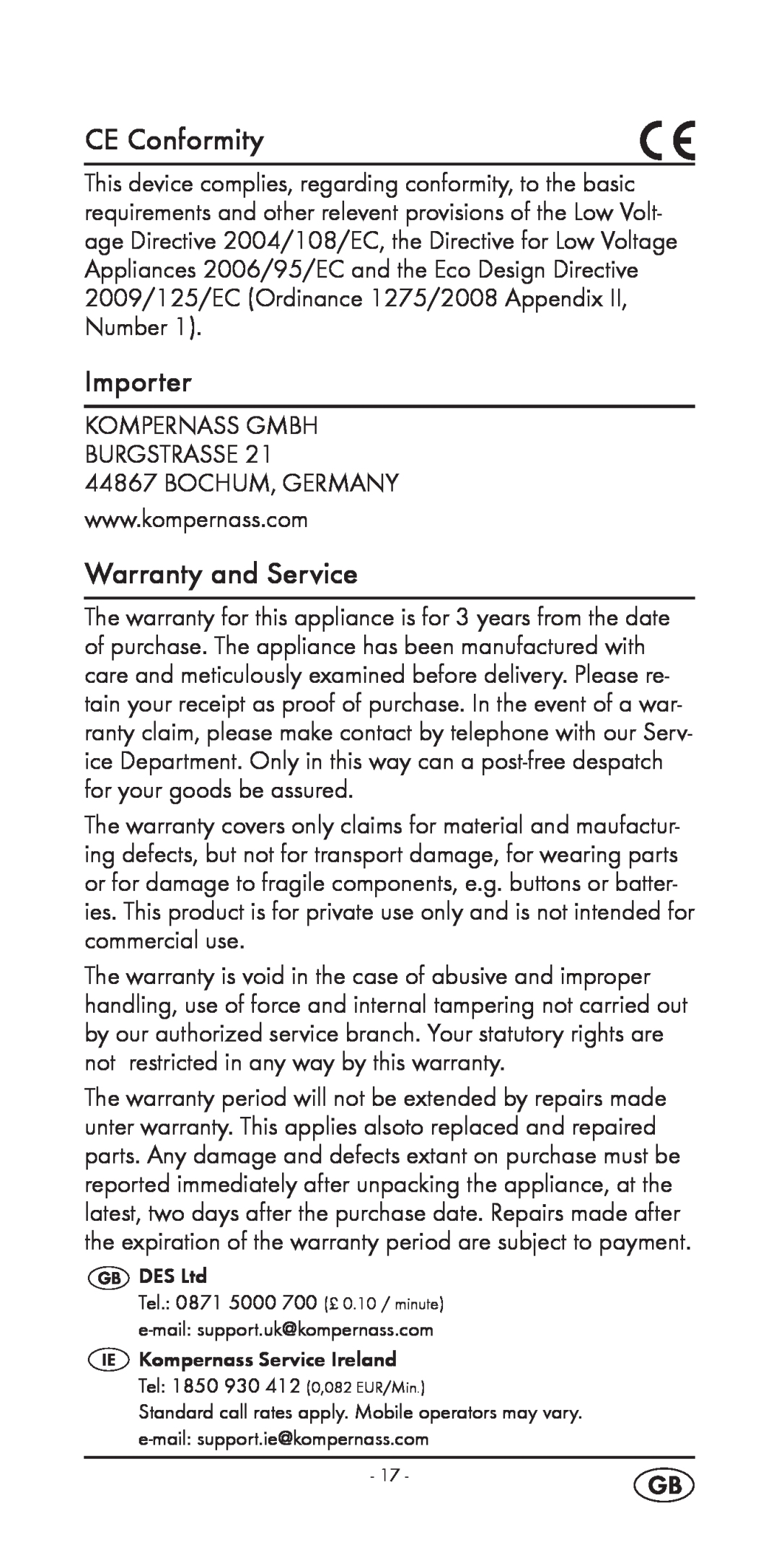 Silvercrest KH 2299 manual CE Conformity, Importer, Warranty and Service 
