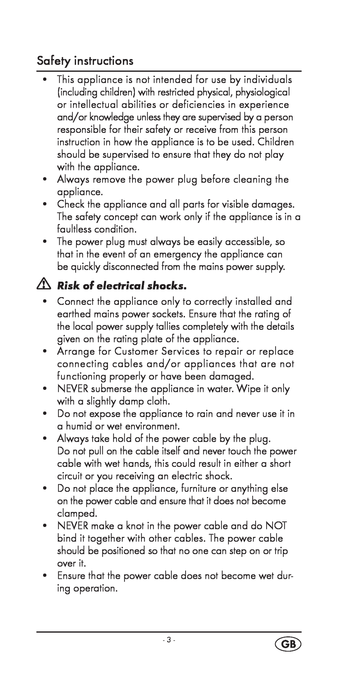 Silvercrest KH 2299 manual Safety instructions, Risk of electrical shocks 