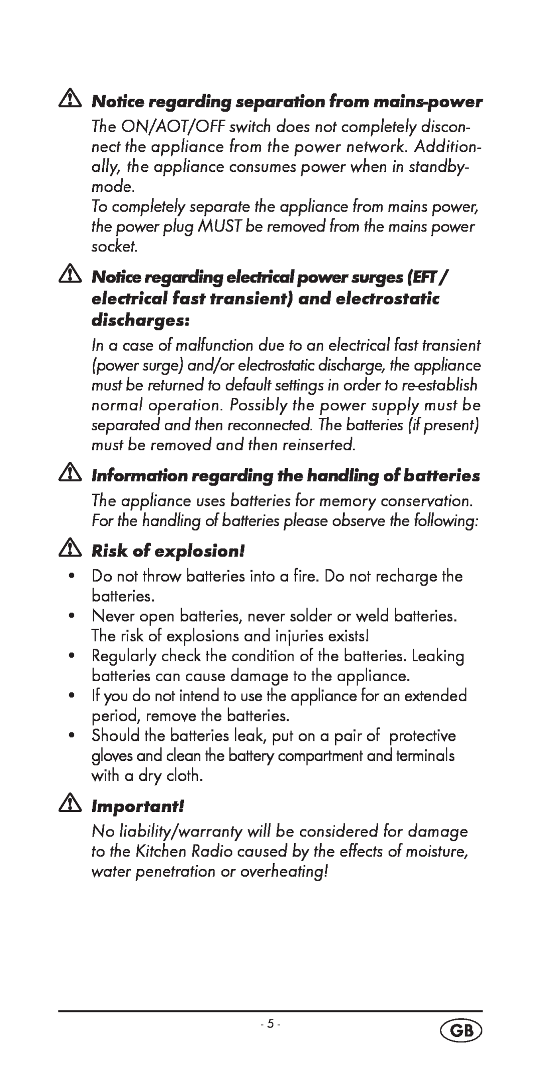 Silvercrest KH 2299 manual Notice regarding separation from mains-power, Information regarding the handling of batteries 