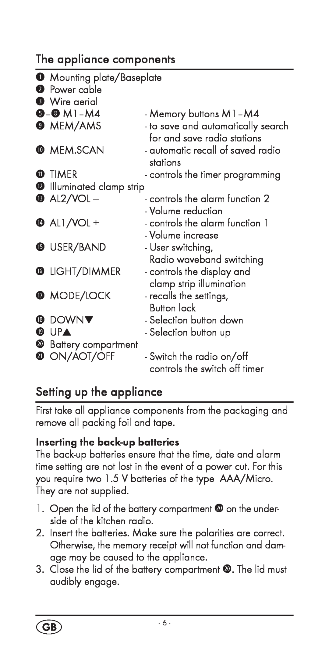 Silvercrest KH 2299 manual The appliance components, Setting up the appliance, 1 UP 