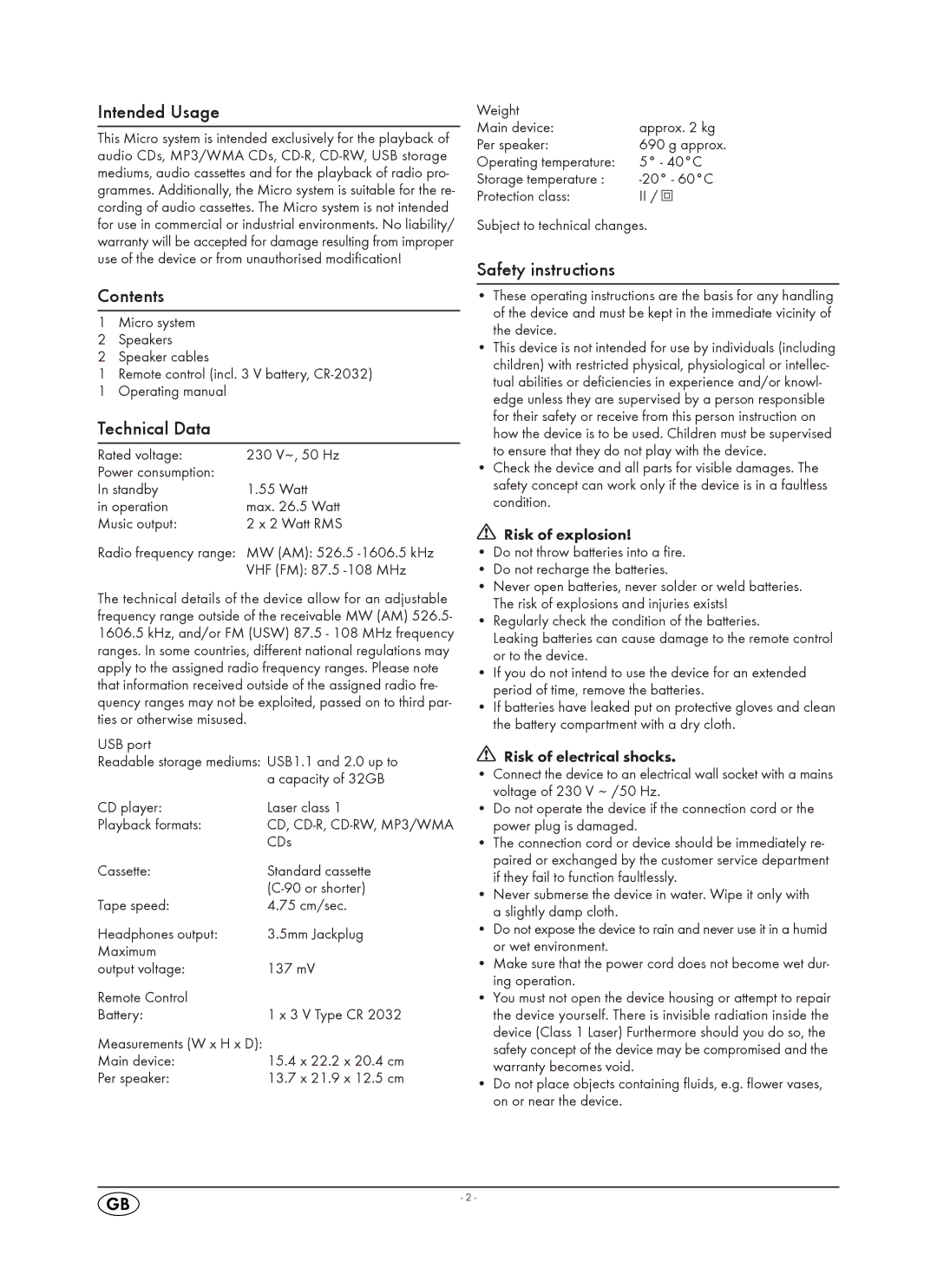 Silvercrest KH 2311 manual Intended Usage, Contents, Technical Data, Safety instructions 