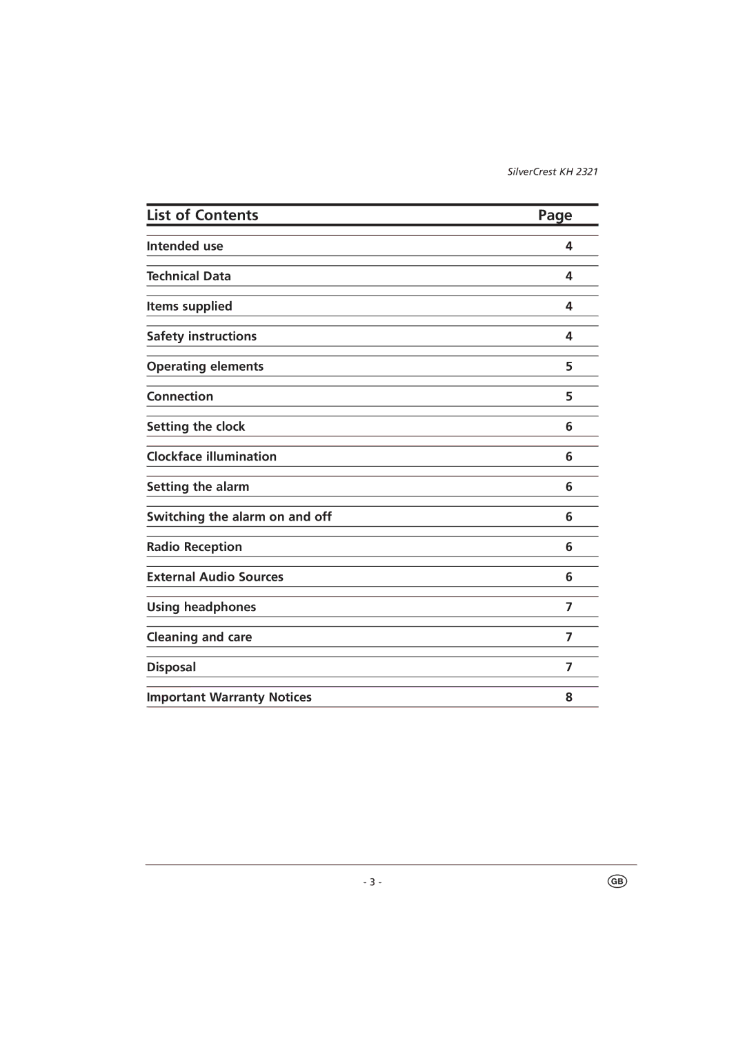 Silvercrest KH 2321 operating instructions List of Contents 