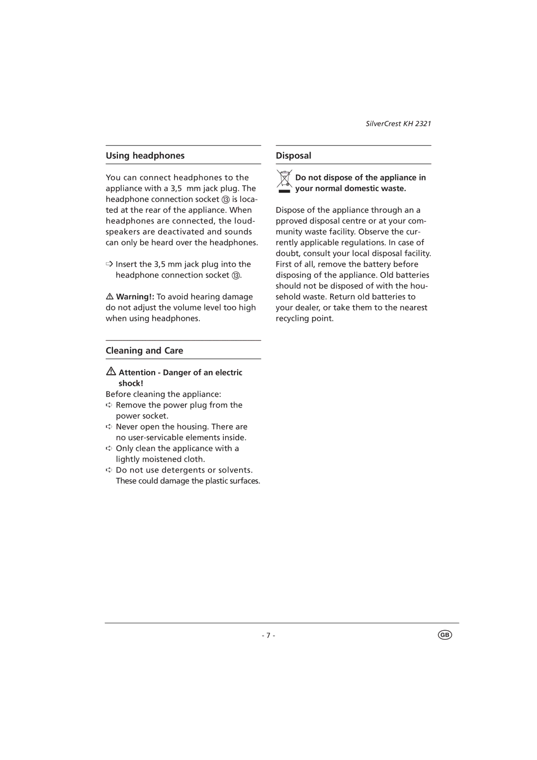 Silvercrest KH 2321 operating instructions Using headphones 