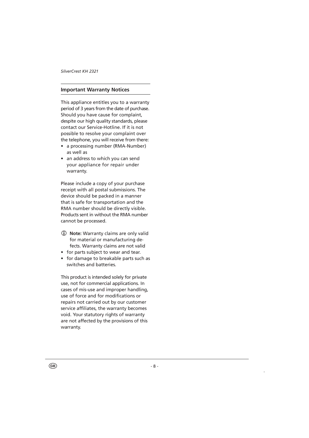 Silvercrest KH 2321 operating instructions Important Warranty Notices 