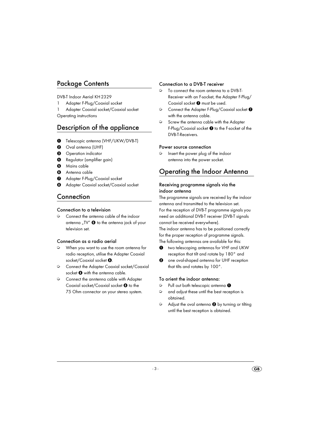 Silvercrest KH 2329 Package Contents, Description of the appliance, Connection, Operating the Indoor Antenna 