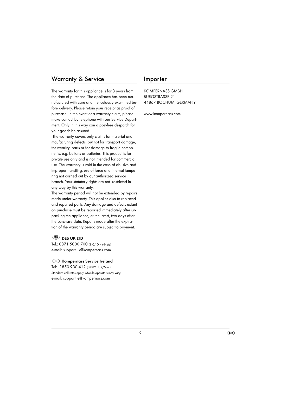 Silvercrest KH 2337 operating instructions Warranty & Service Importer, Kompernass Gmbh, Burgstrasse, BOCHUM, Germany 