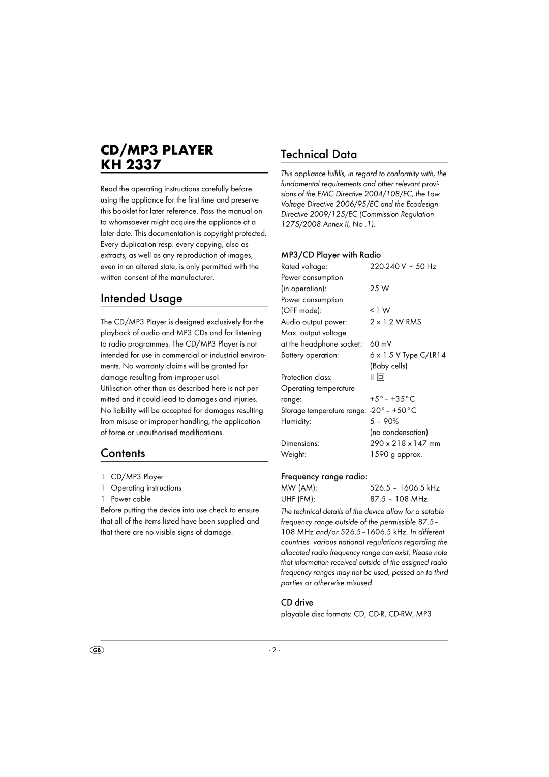 Silvercrest KH 2337 operating instructions Intended Usage, Contents, Technical Data 