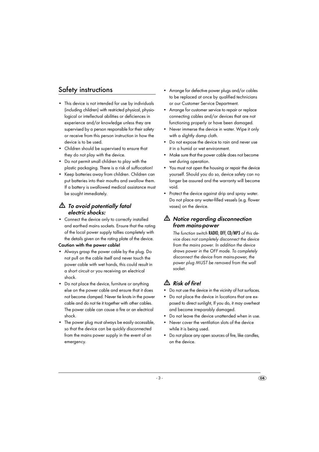 Silvercrest KH 2337 operating instructions Safety instructions, To avoid potentially fatal electric shocks, Risk of fire 