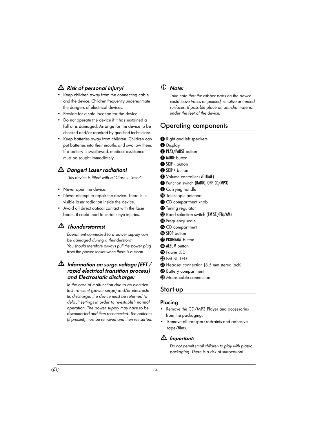 Silvercrest KH 2337 operating instructions Operating components, Start-up, Risk of personal injury, Thunderstorms, Placing 