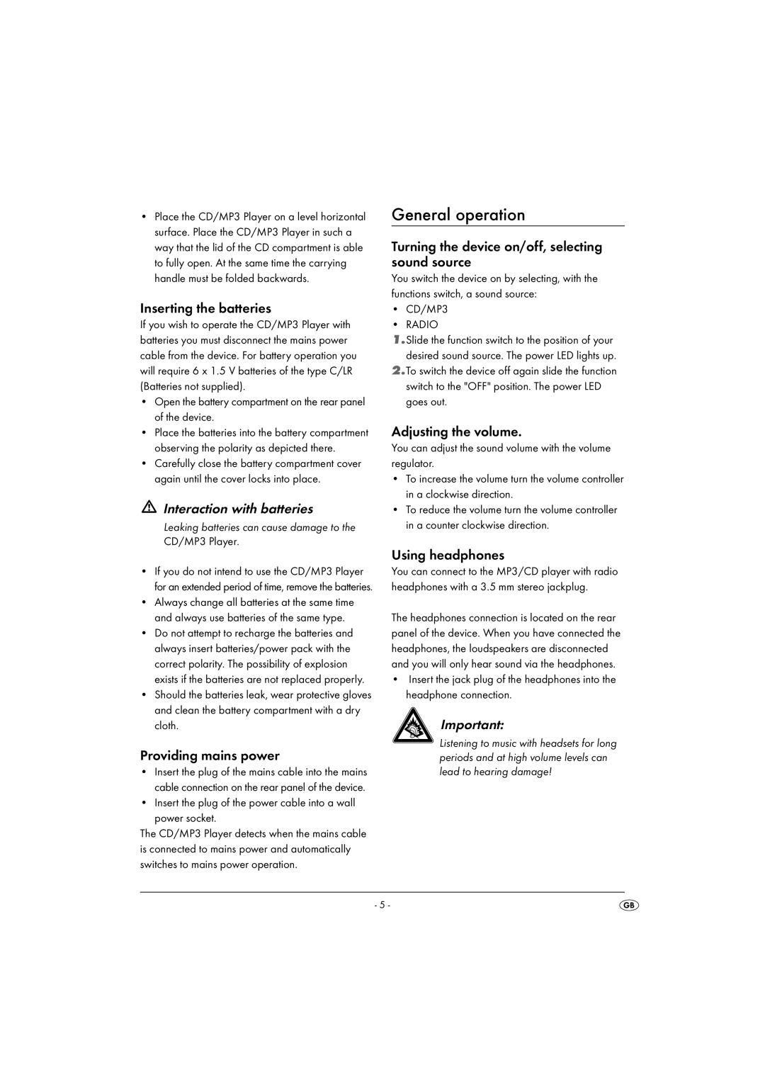 Silvercrest KH 2337 operating instructions General operation, Interaction with batteries 