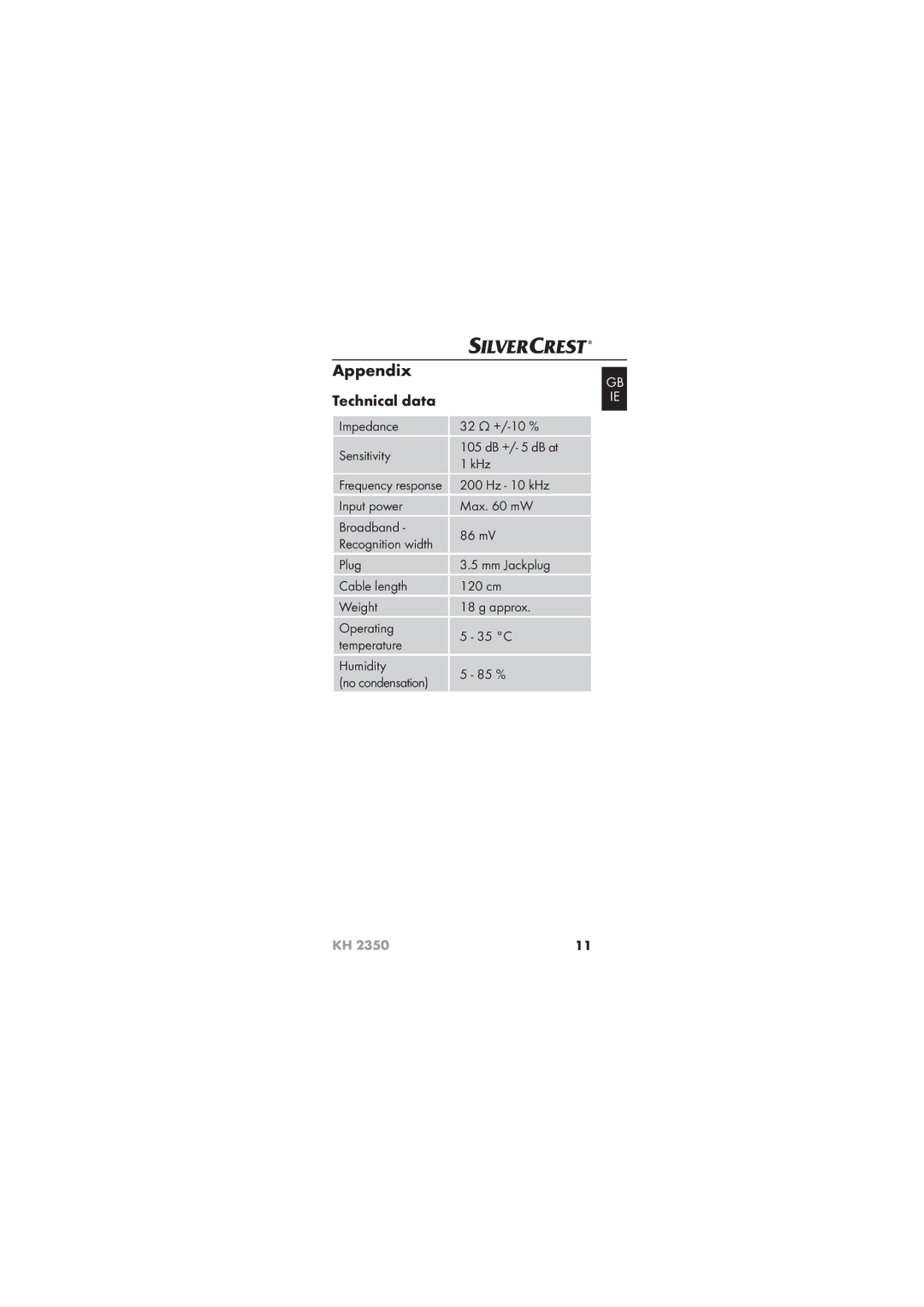 Silvercrest KH 2350 manual Appendix, Technical data 