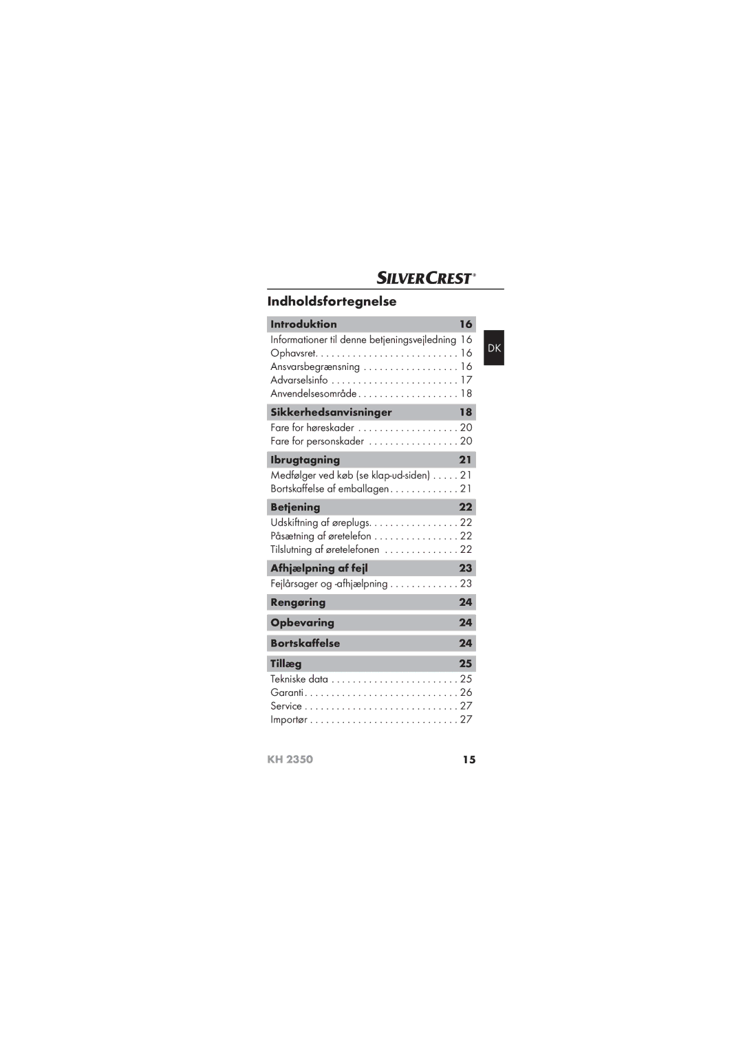 Silvercrest KH 2350 manual Indholdsfortegnelse, Introduktion, Sikkerhedsanvisninger18, Ibrugtagning, Betjening 