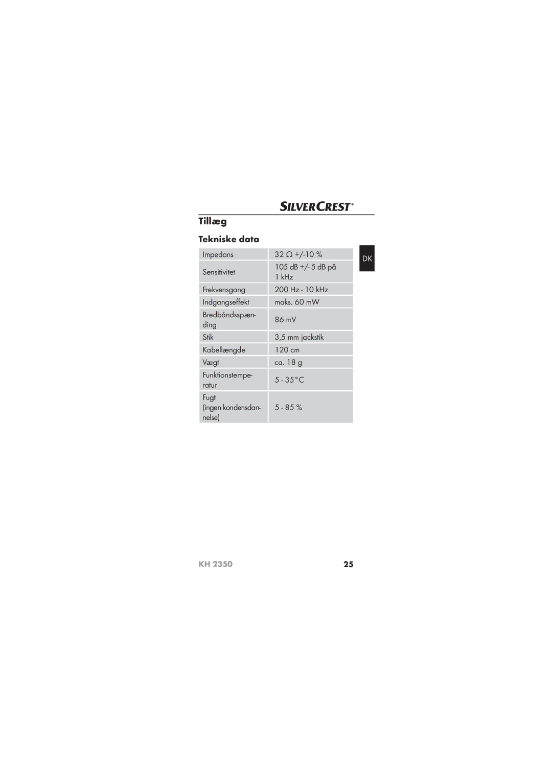 Silvercrest KH 2350 manual Tillæg, Tekniske data 