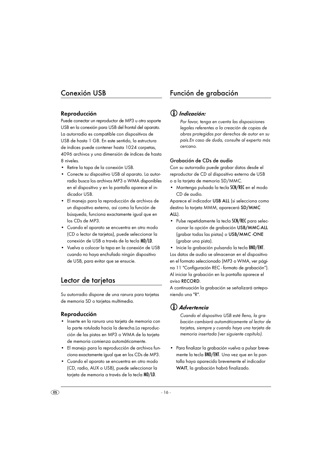 Silvercrest KH 2375 operating instructions Conexión USB, Lector de tarjetas, Reproducción, Grabación de CDs de audio 