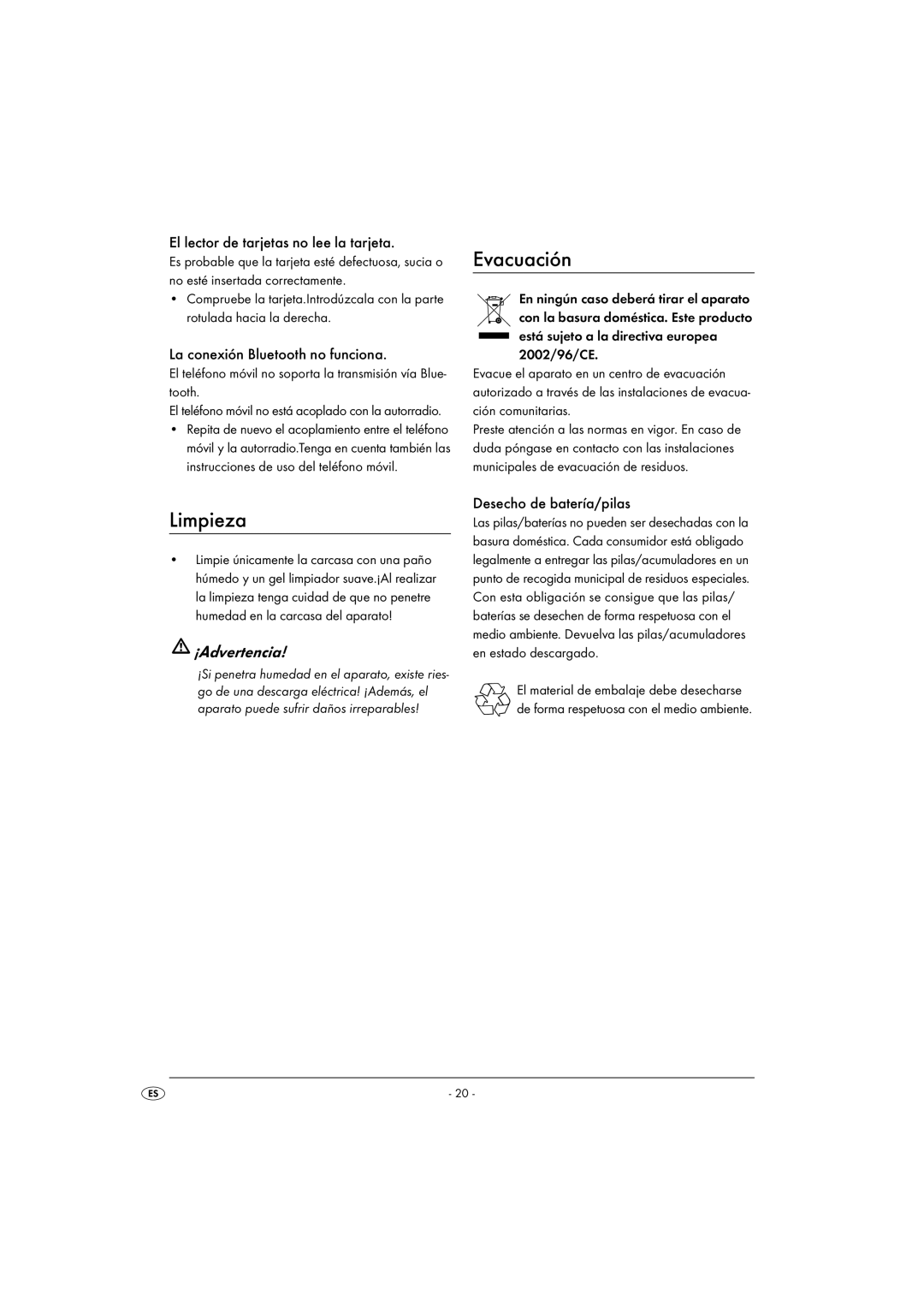 Silvercrest KH 2375 operating instructions Evacuación, Limpieza, ¡Advertencia 