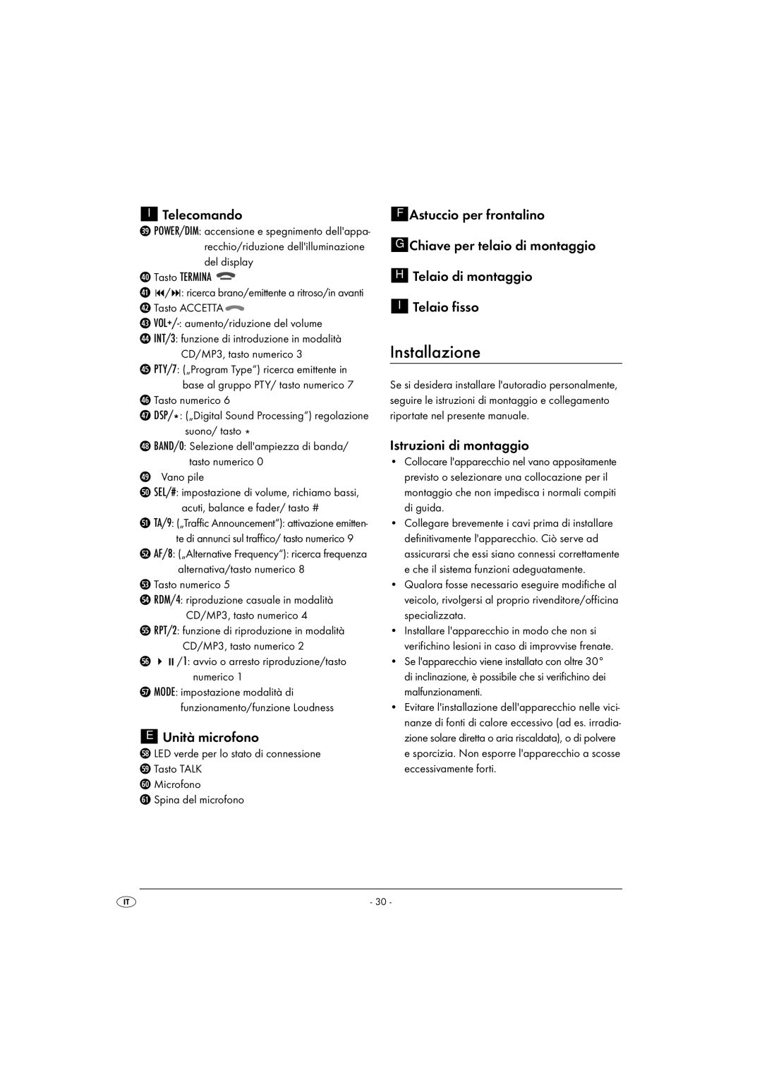 Silvercrest KH 2375 operating instructions Installazione, Telecomando, Unità microfono, Istruzioni di montaggio 