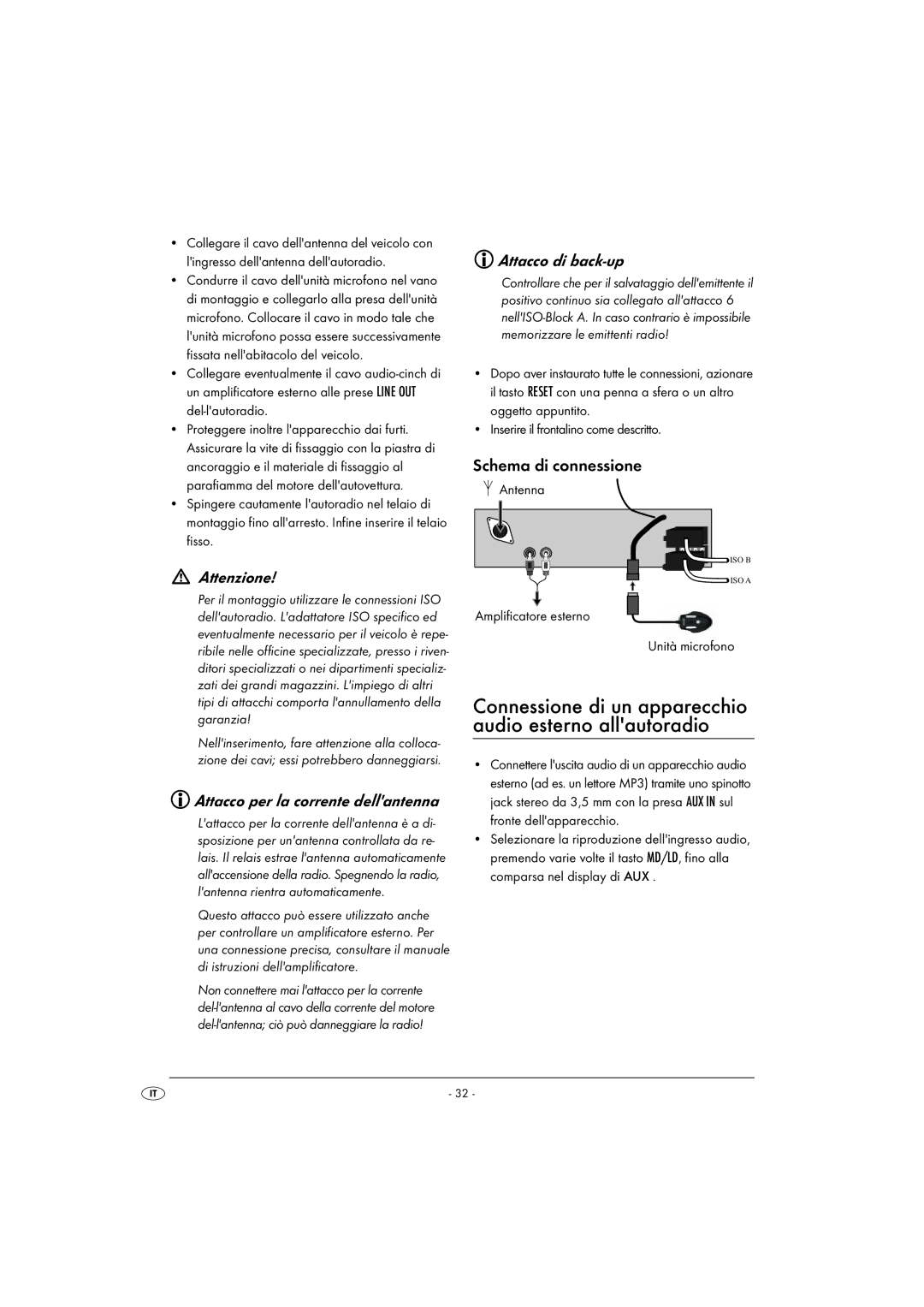 Silvercrest KH 2375 Attenzione, Attacco per la corrente dellantenna, Attacco di back-up, Schema di connessione 