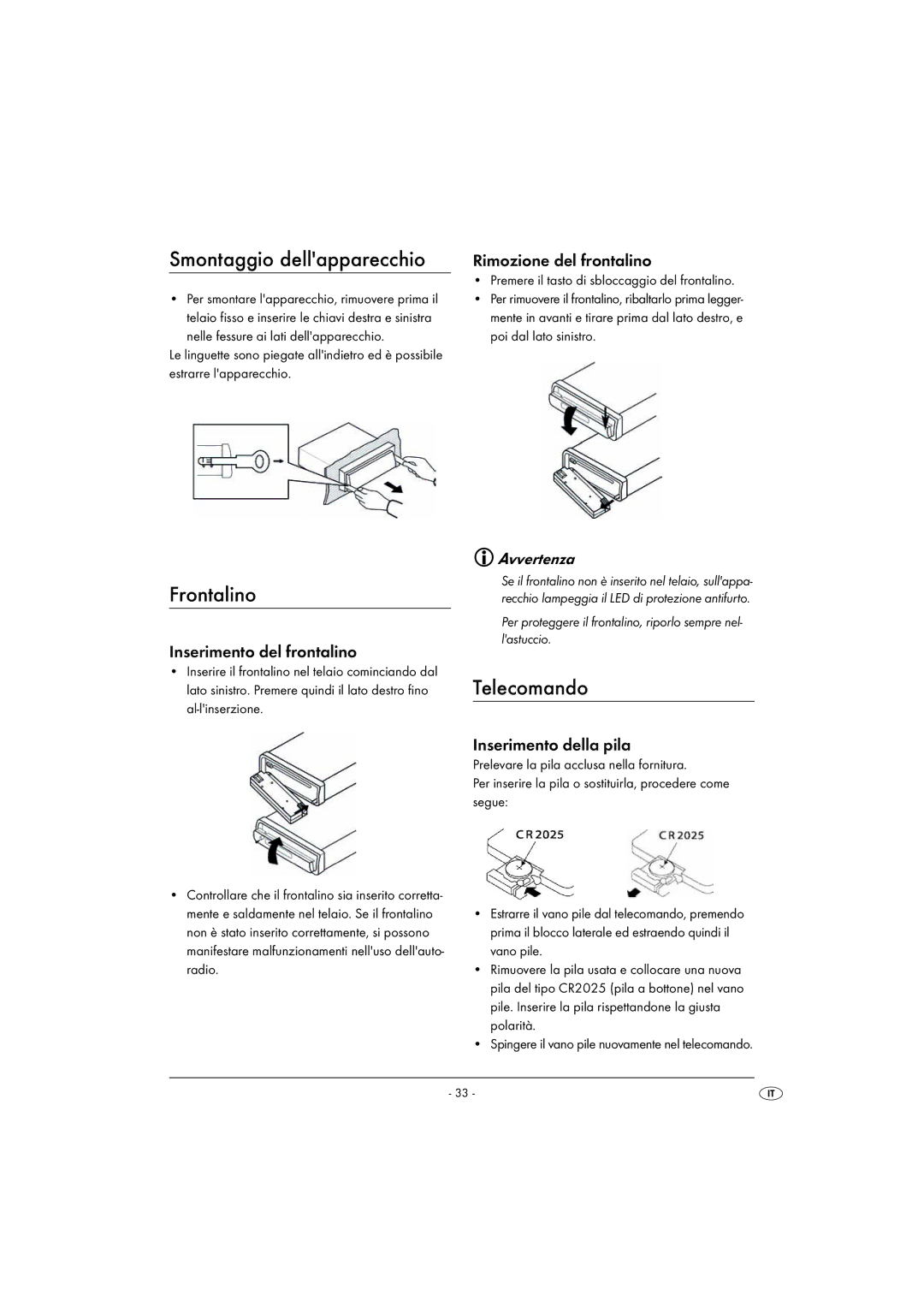 Silvercrest KH 2375 operating instructions Smontaggio dellapparecchio, Frontalino, Telecomando 