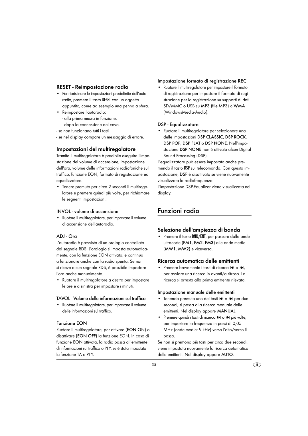 Silvercrest KH 2375 operating instructions Funzioni radio, Reset Reimpostazione radio, Impostazioni del multiregolatore 