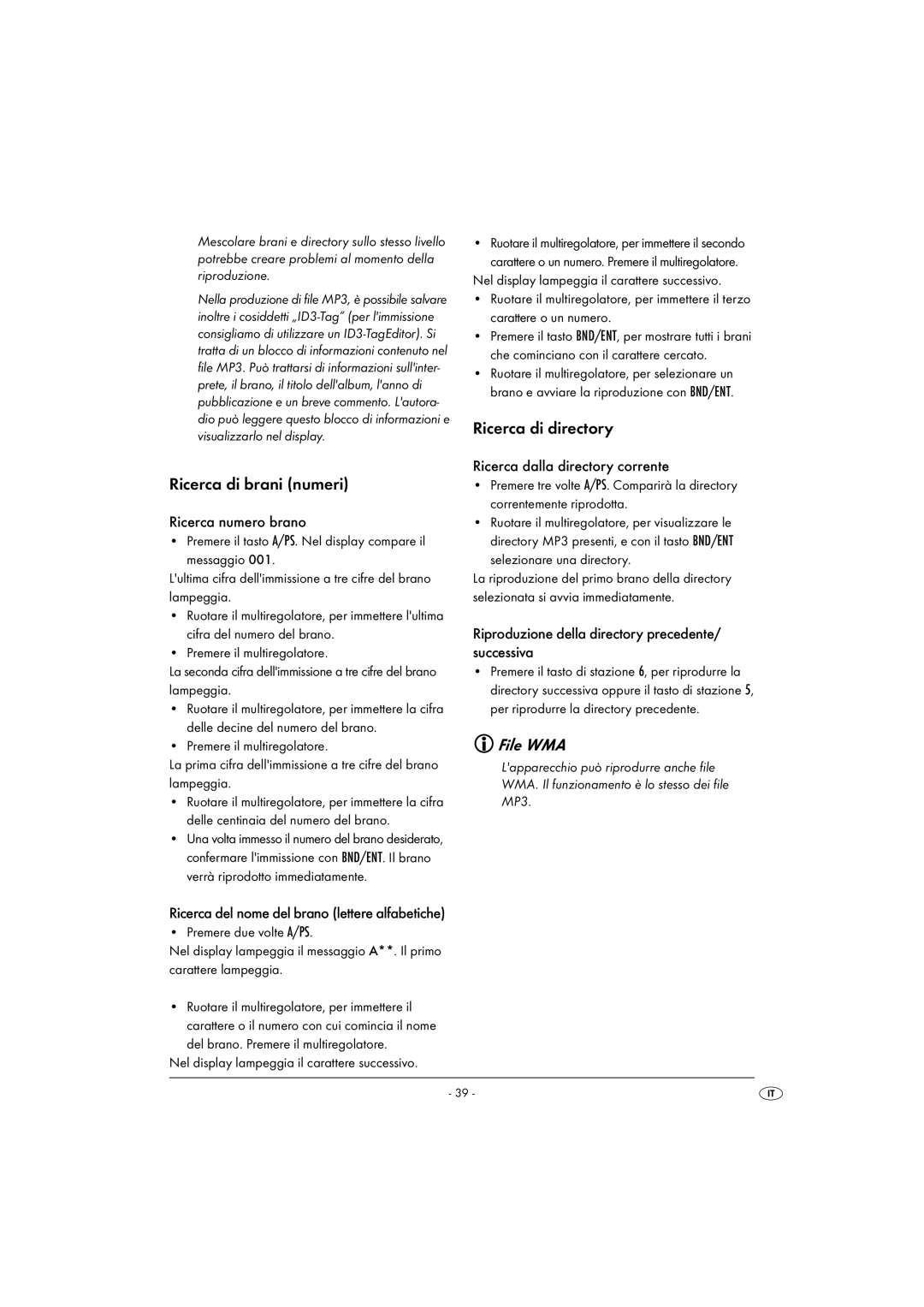 Silvercrest KH 2375 operating instructions Ricerca di brani numeri, Ricerca di directory, File WMA 