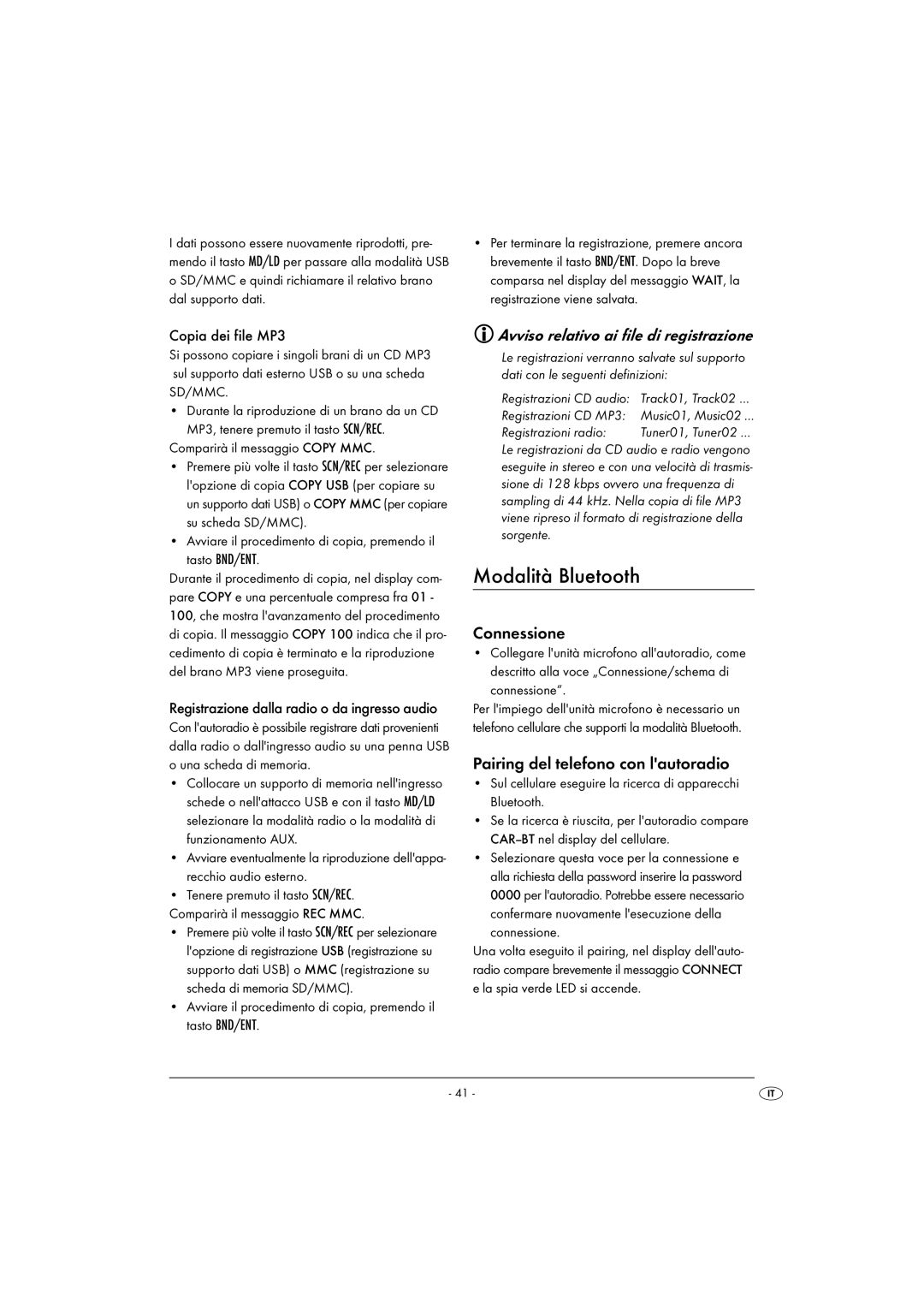 Silvercrest KH 2375 operating instructions Modalità Bluetooth, Avviso relativo ai file di registrazione, Connessione 