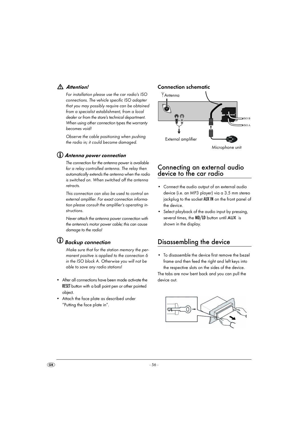 Silvercrest KH 2375 Disassembling the device, Antenna power connection, Connection schematic, Backup connection 