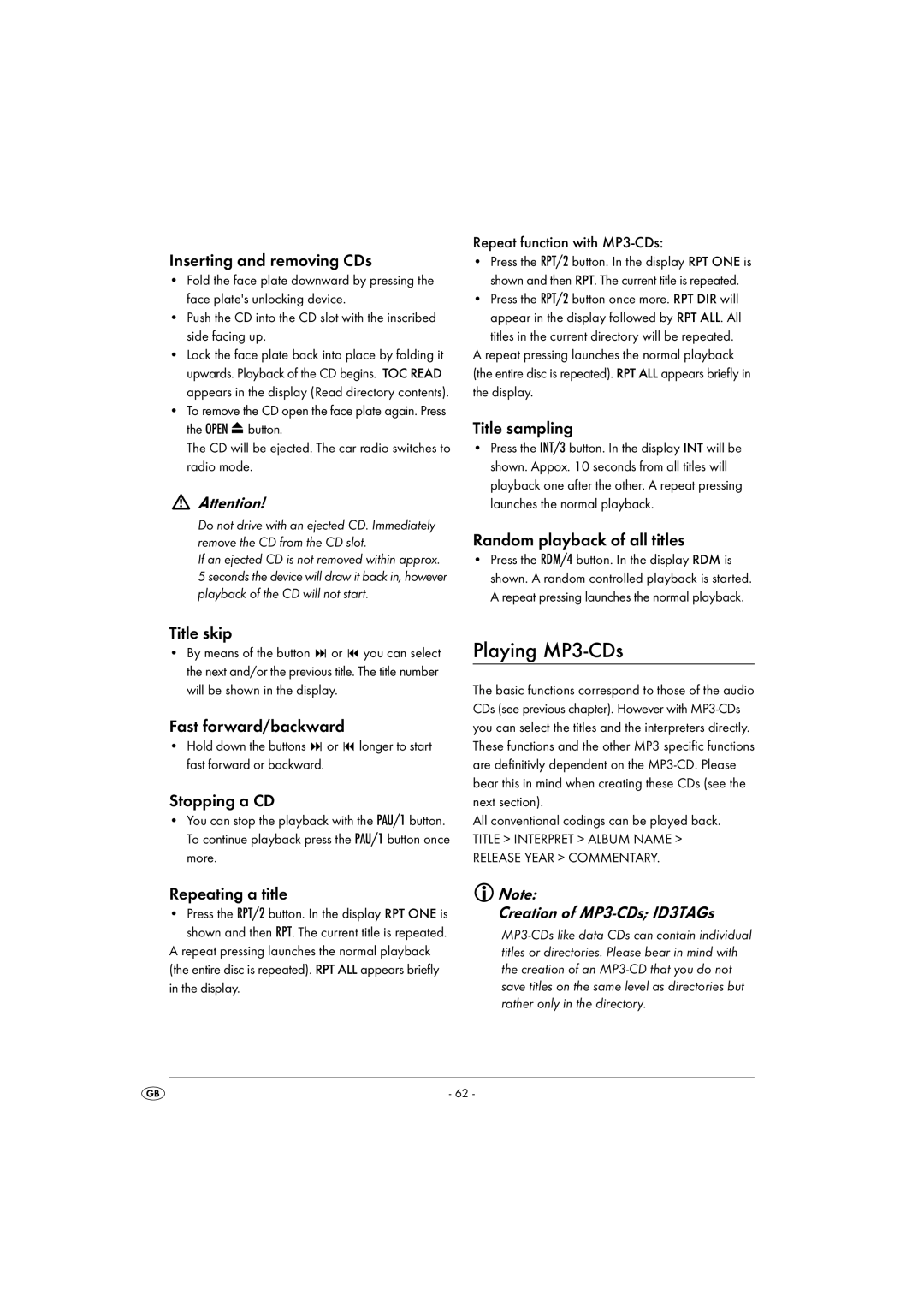 Silvercrest KH 2375 operating instructions Playing MP3-CDs, Creation of MP3-CDs ID3TAGs 