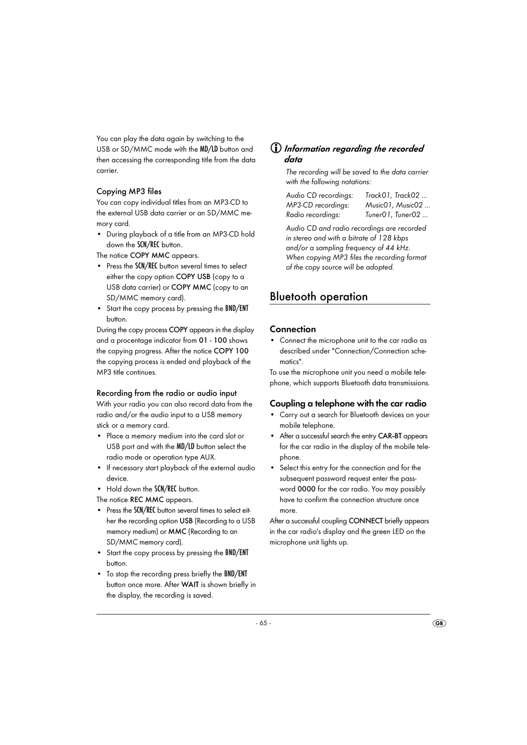 Silvercrest KH 2375 operating instructions Bluetooth operation, Information regarding the recorded data, Connection 