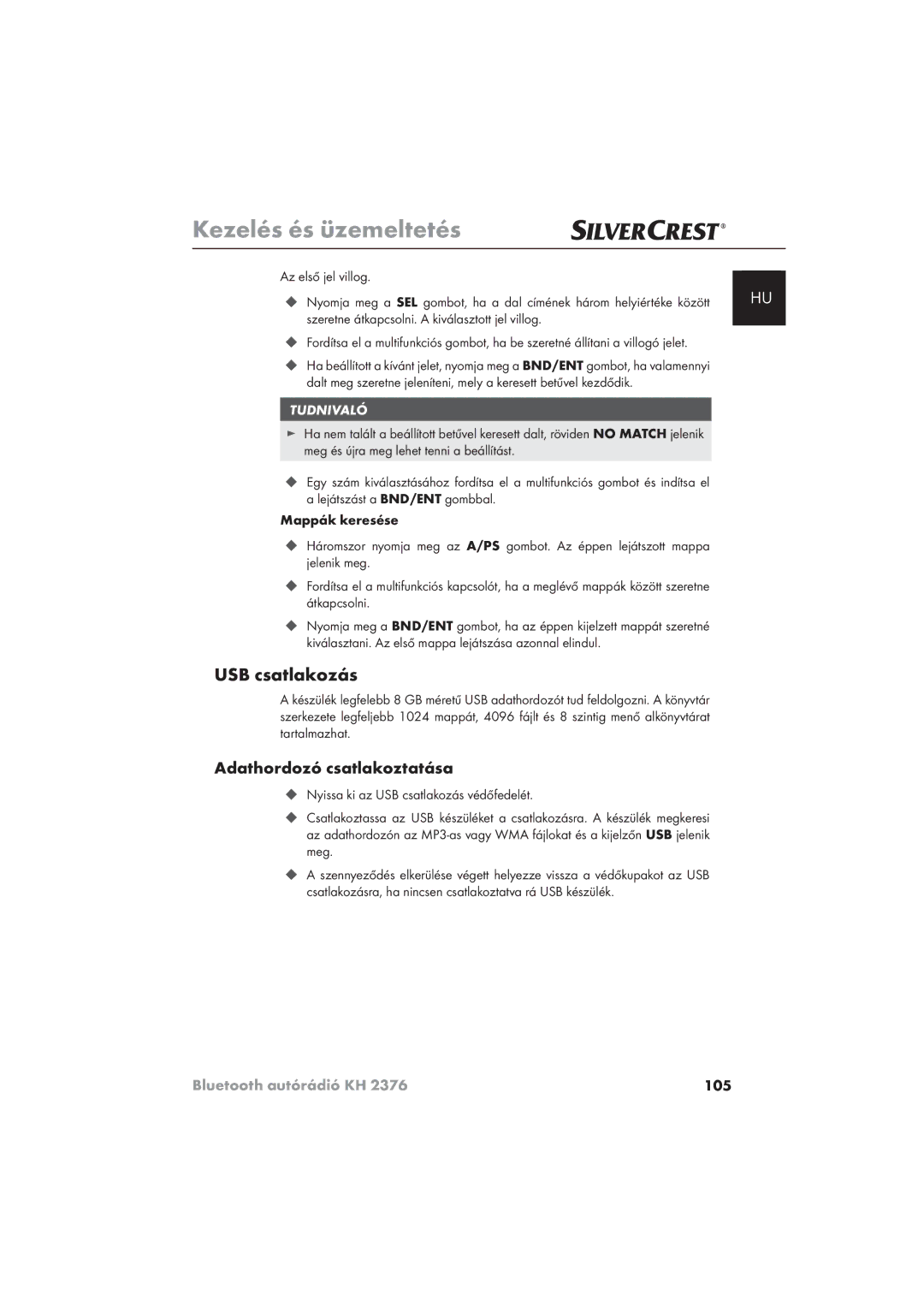 Silvercrest KH 2376 operating instructions USB csatlakozás, Adathordozó csatlakoztatása, Az első jel villog 