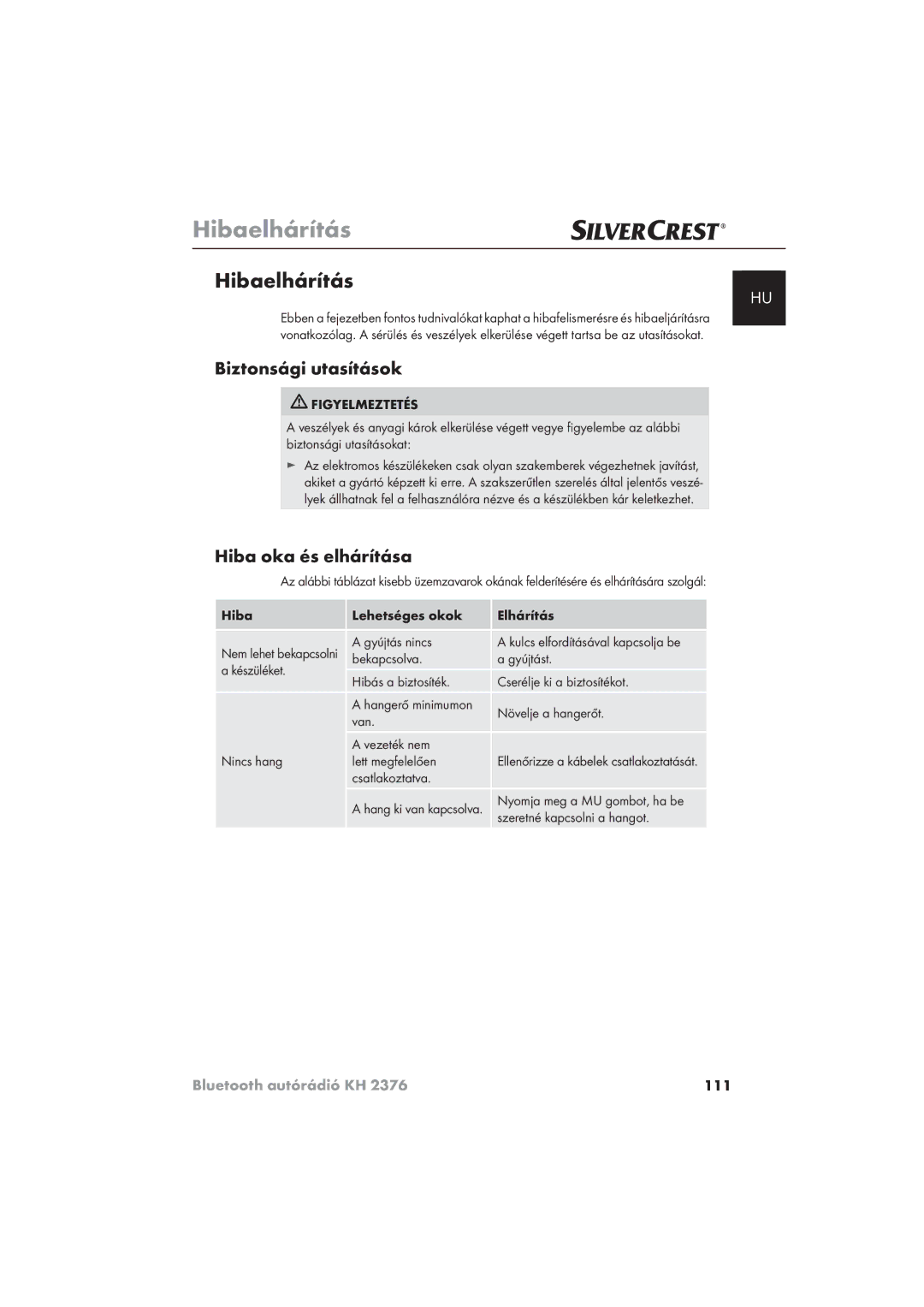 Silvercrest KH 2376 operating instructions Hibaelhárítás, Hiba oka és elhárítása 