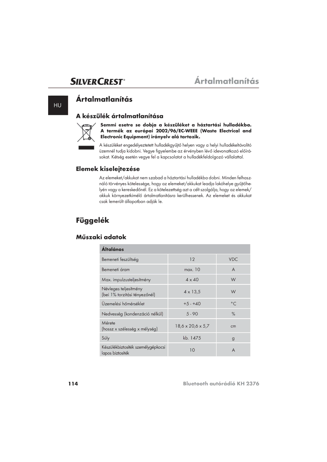 Silvercrest KH 2376 operating instructions Ártalmatlanítás, Függelék 