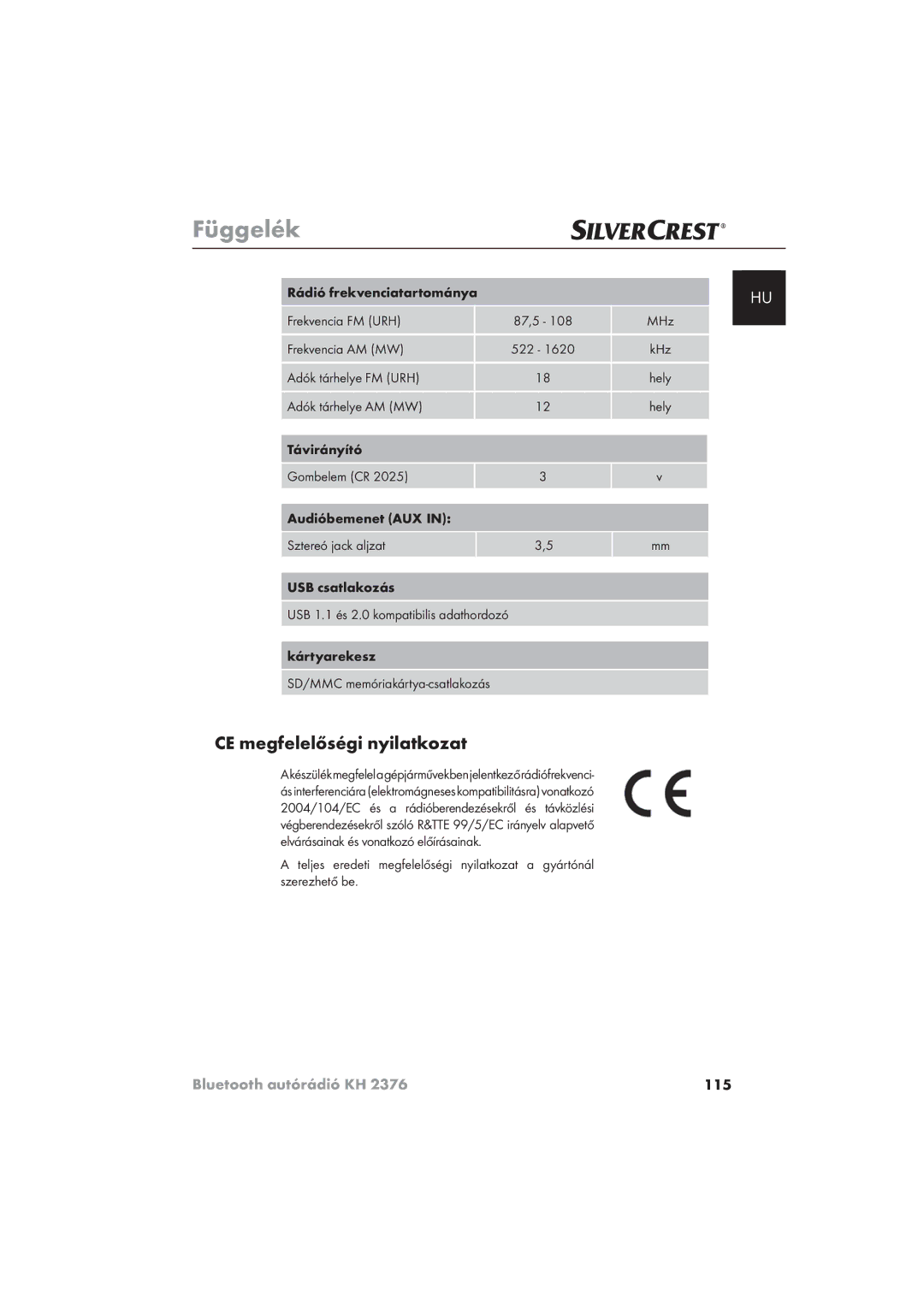 Silvercrest KH 2376 operating instructions Függelék, CE megfelelőségi nyilatkozat 