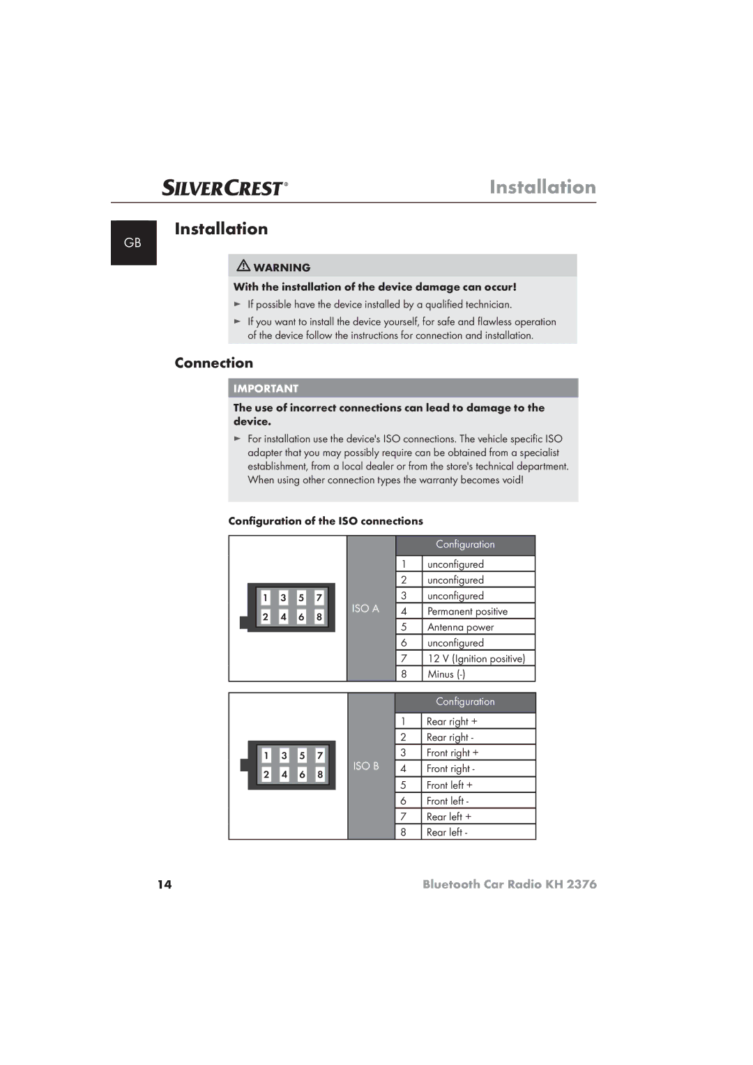 Silvercrest KH 2376 operating instructions Installation, Connection 