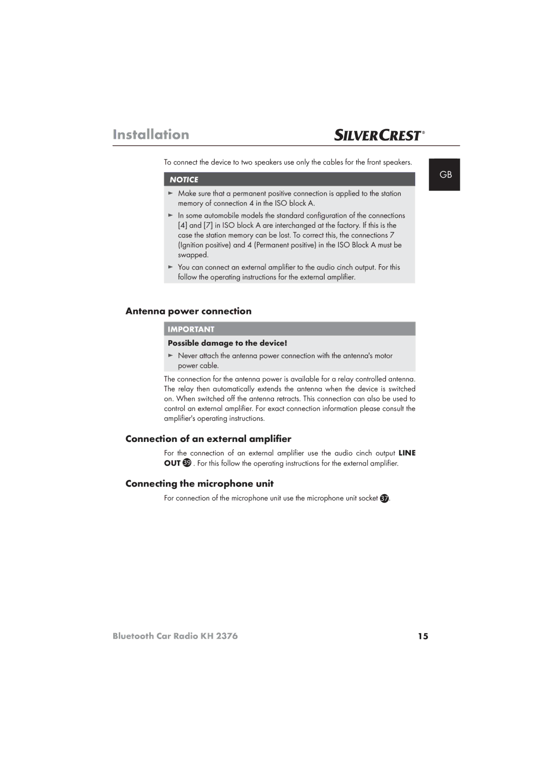 Silvercrest KH 2376 Antenna power connection, Connection of an external ampliﬁer, Connecting the microphone unit 