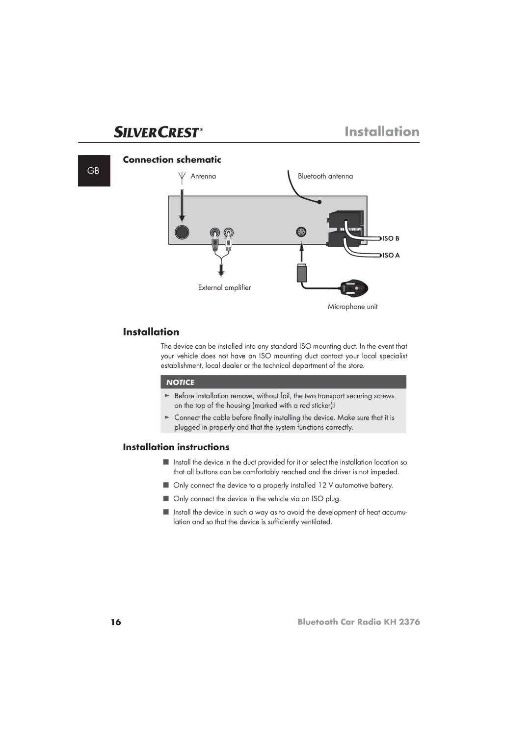 Silvercrest KH 2376 Connection schematic, Installation instructions, Antenna, External ampliﬁer Microphone unit 