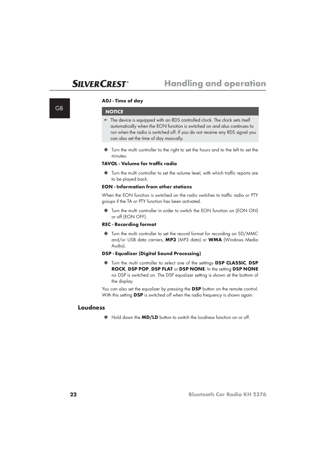 Silvercrest KH 2376 operating instructions Loudness, ADJ Time of day 