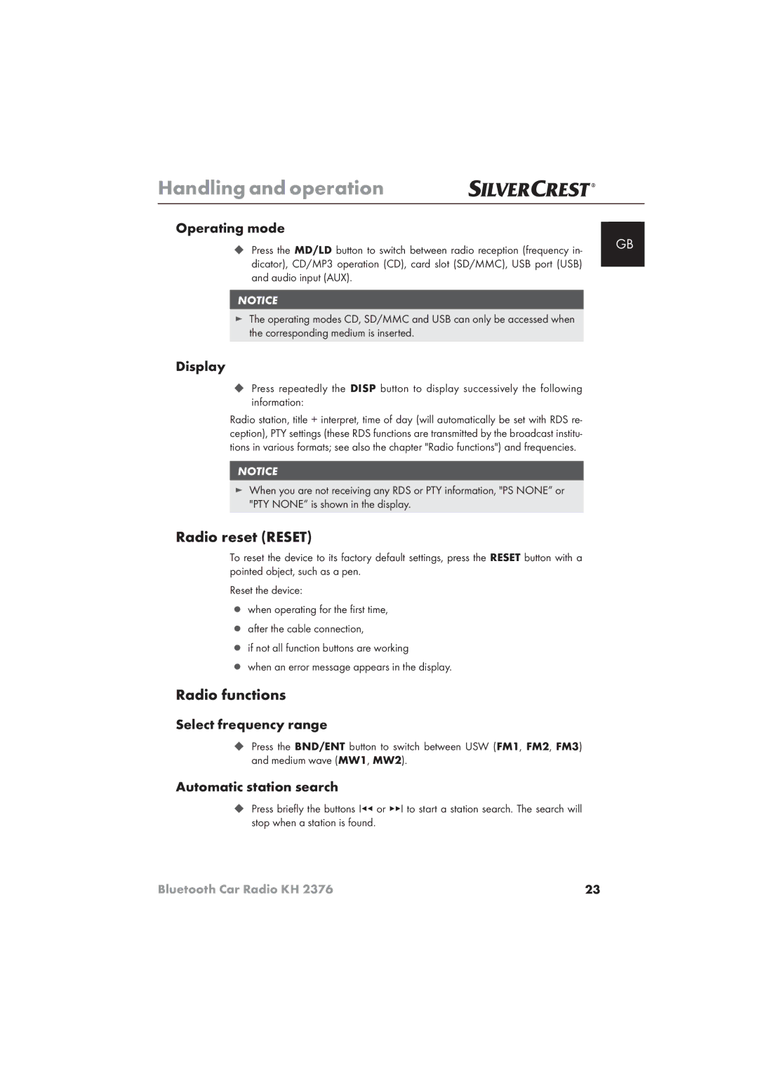 Silvercrest KH 2376 operating instructions Radio reset Reset, Radio functions 