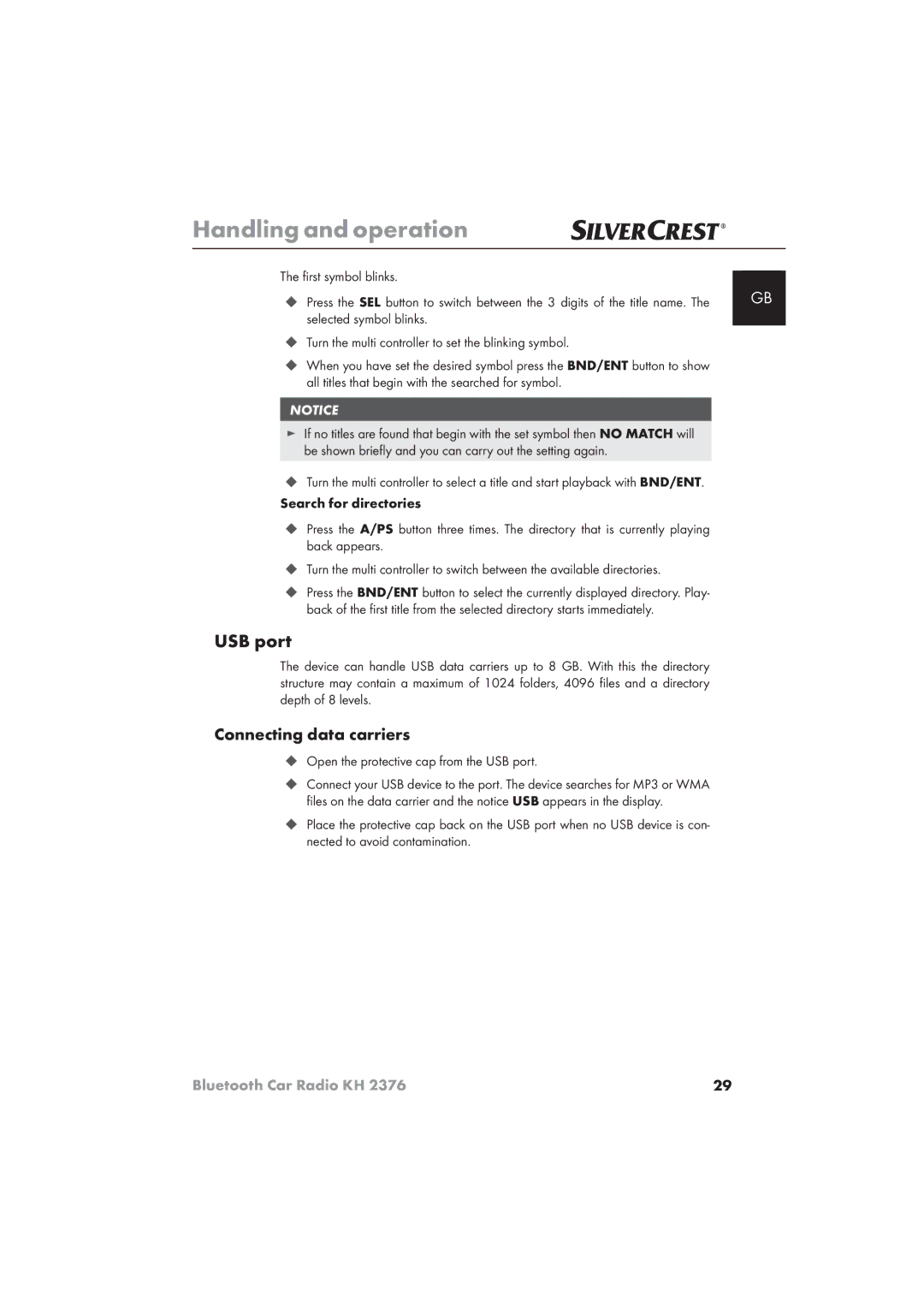 Silvercrest KH 2376 Connecting data carriers, ﬁrst symbol blinks, ‹ Open the protective cap from the USB port 