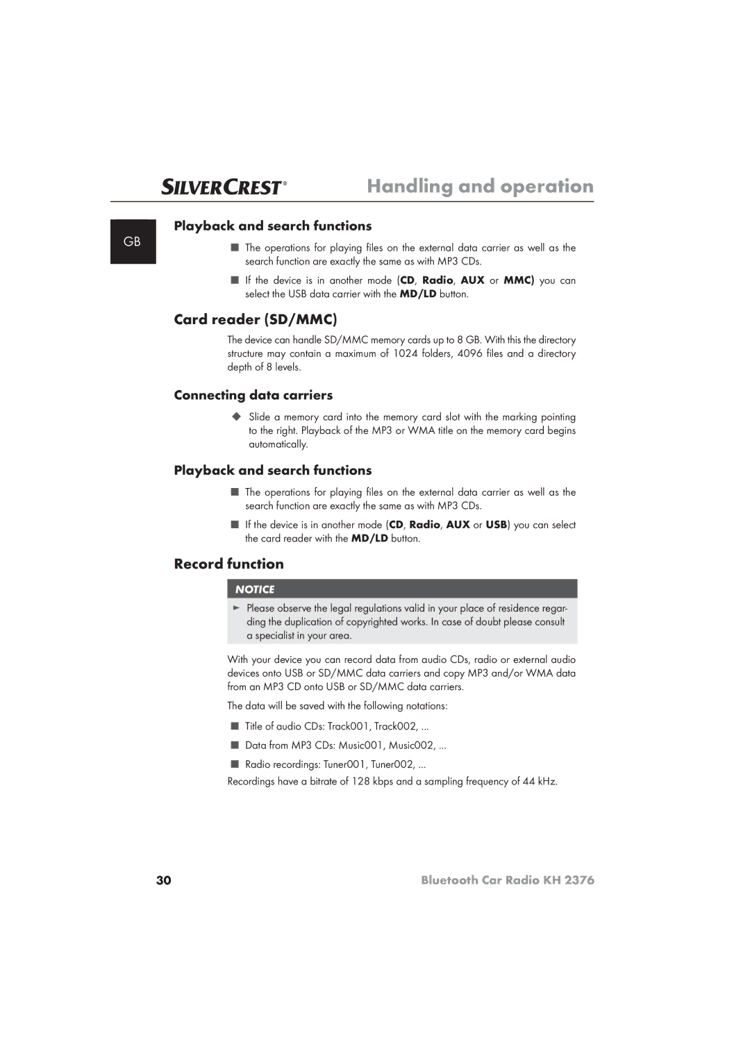 Silvercrest KH 2376 operating instructions Card reader SD/MMC, Record function, Playback and search functions 