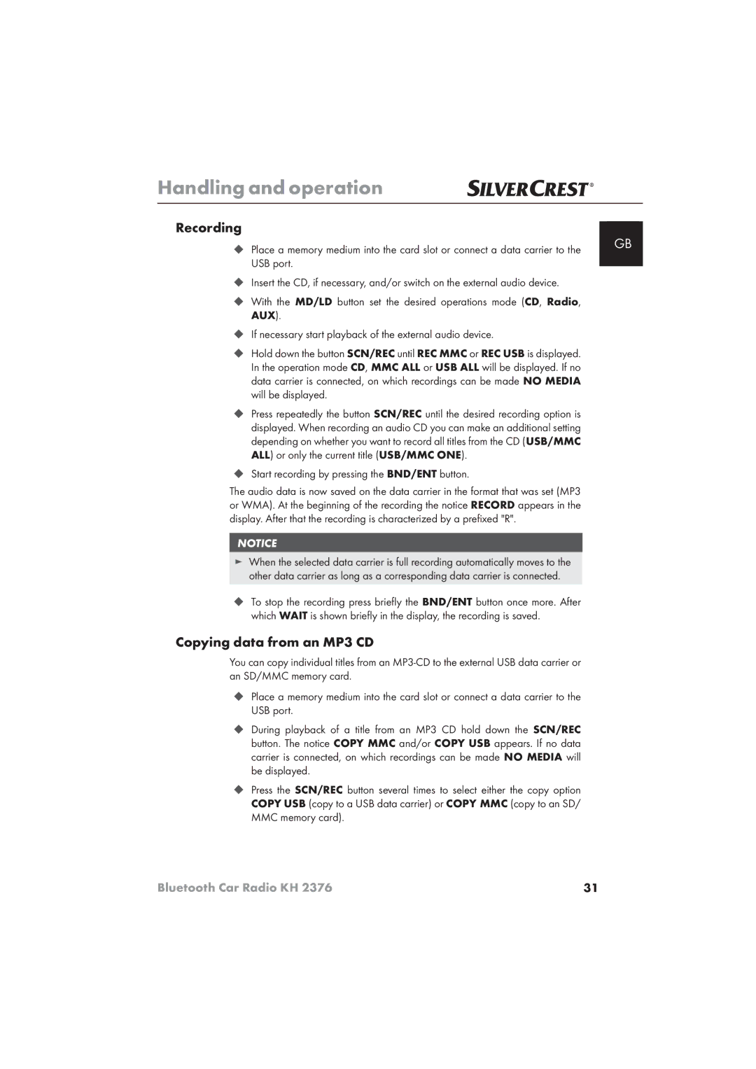 Silvercrest KH 2376 Recording, Copying data from an MP3 CD, ‹ If necessary start playback of the external audio device 