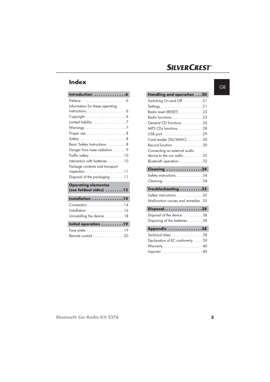 Silvercrest KH 2376 operating instructions Index, Operating elementse See foldout sides 