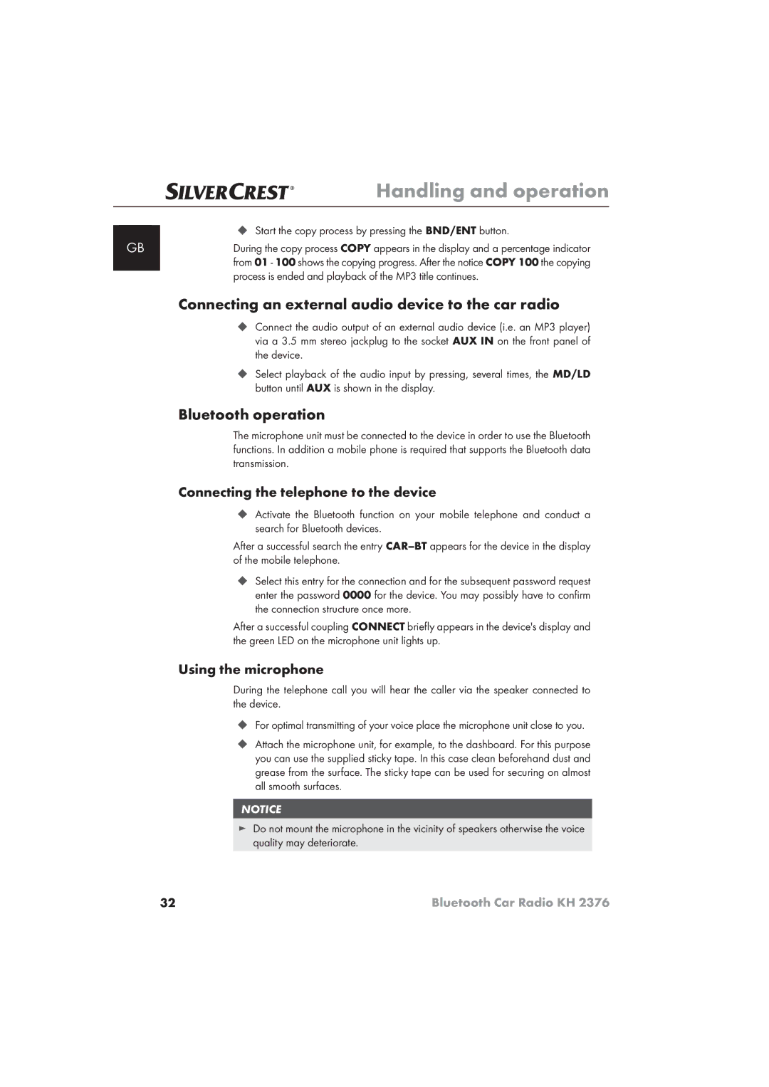 Silvercrest KH 2376 Connecting an external audio device to the car radio, Bluetooth operation, Using the microphone 