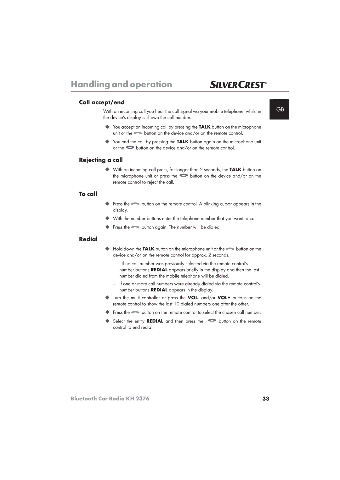 Silvercrest KH 2376 operating instructions Call accept/end, Rejecting a call, To call, Redial 