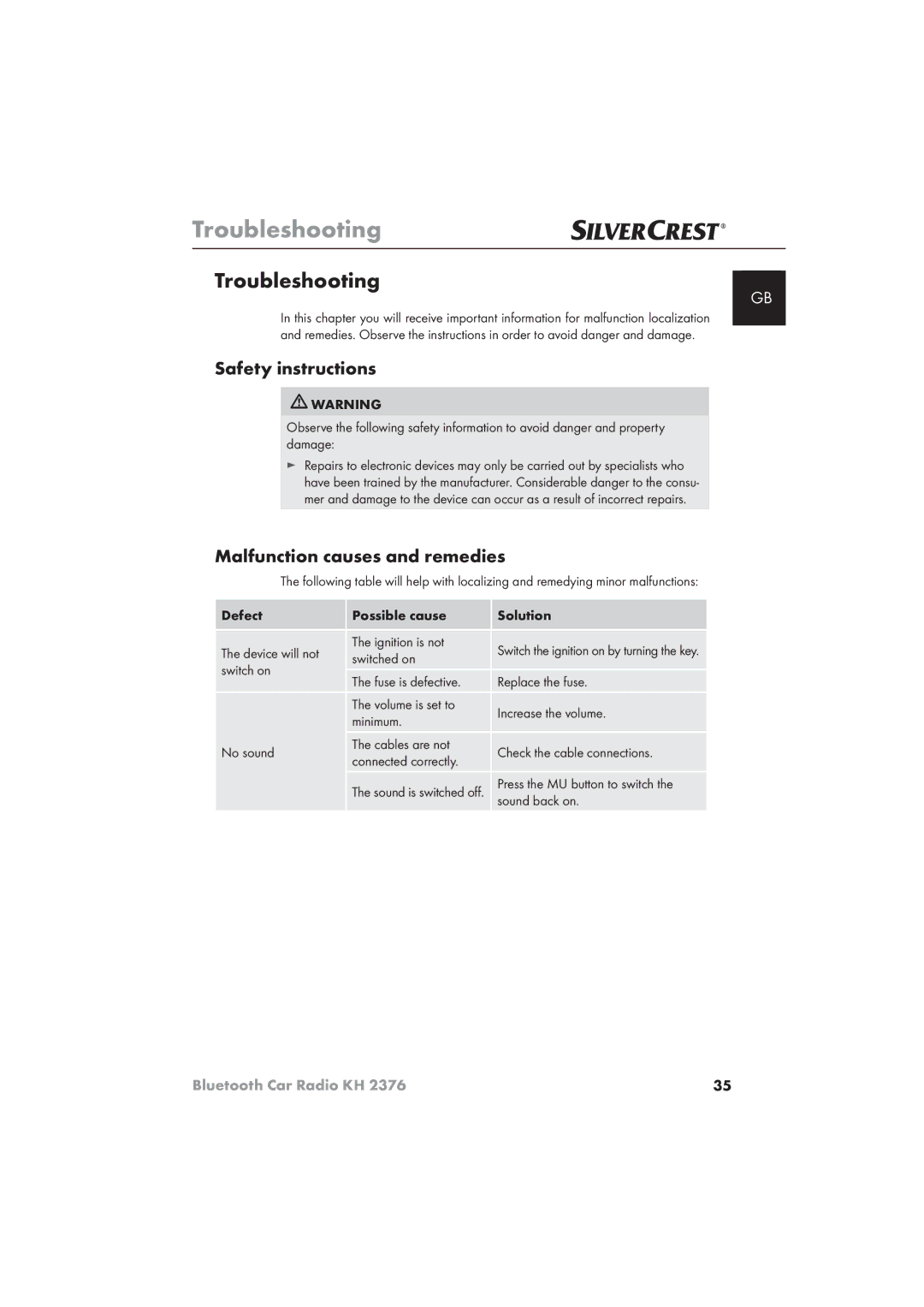 Silvercrest KH 2376 operating instructions Troubleshooting, Malfunction causes and remedies, Switched on, Sound back on 