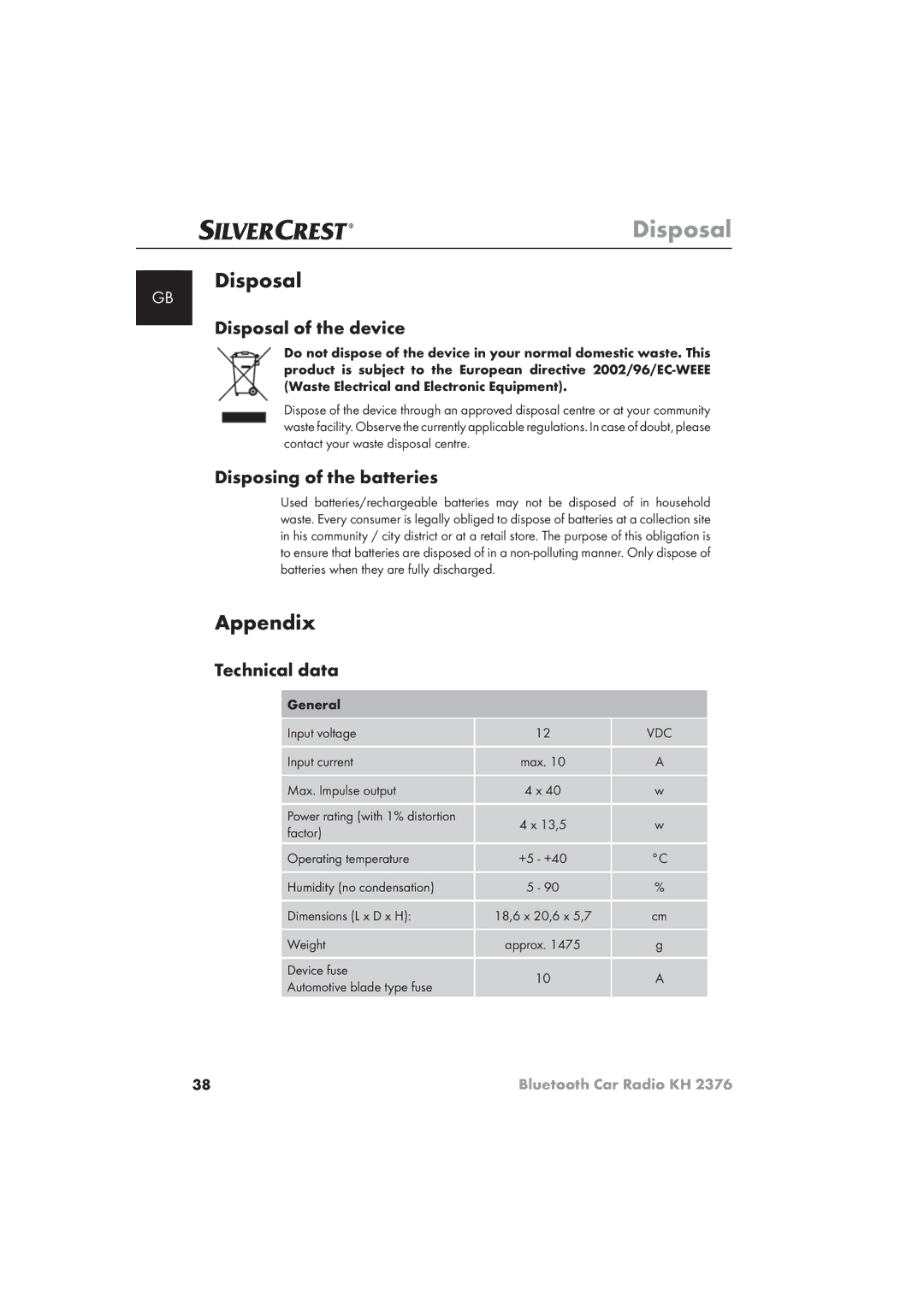 Silvercrest KH 2376 operating instructions Disposal, Appendix 