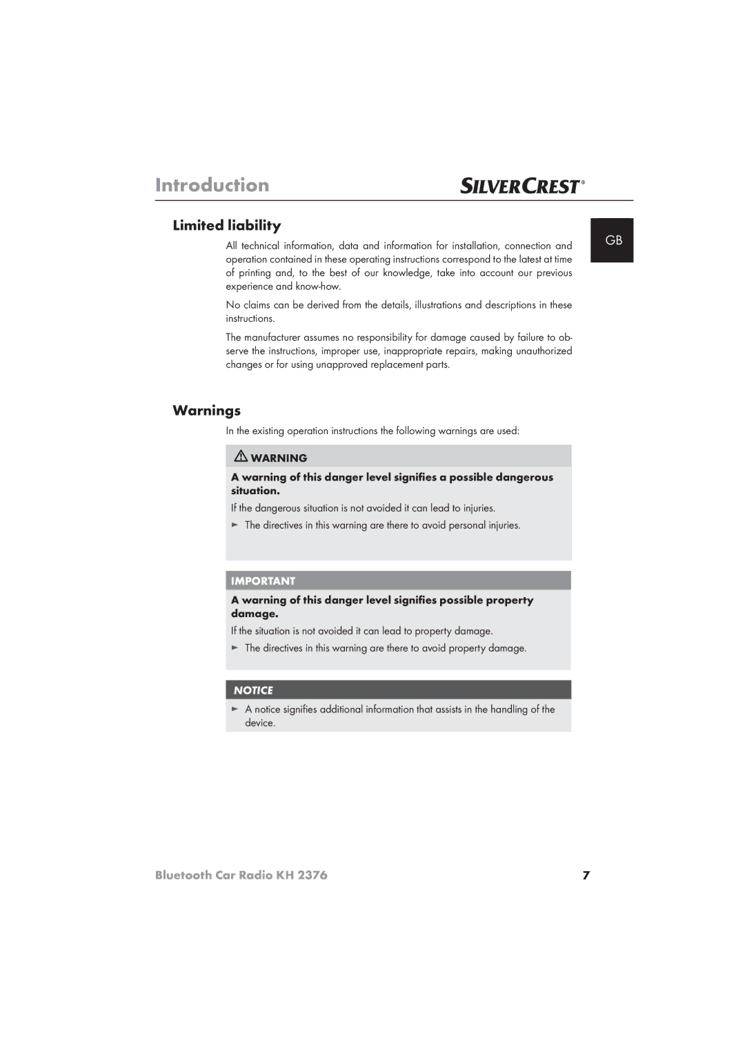 Silvercrest KH 2376 operating instructions Limited liability, Experience and know-how, Instructions 