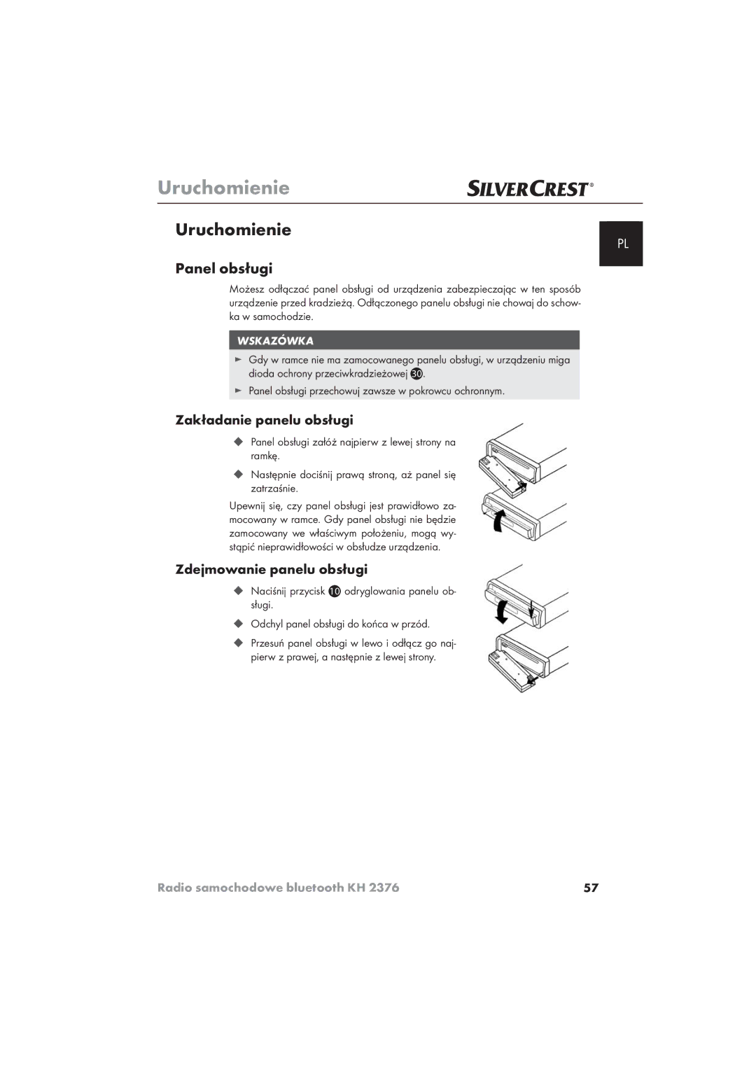 Silvercrest KH 2376 Uruchomienie, Panel obsługi, Zakładanie panelu obsługi, Zdejmowanie panelu obsługi 